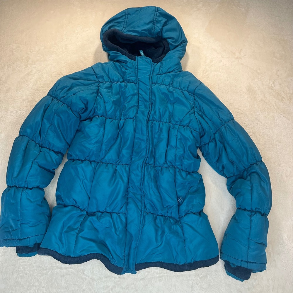 Lands End Kids Teal Blue Puffer Jacket Hooded Fleece Lined Winter Coat M 10-12